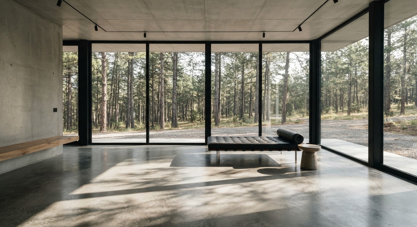 A minimalist concrete interior overlooking a forest